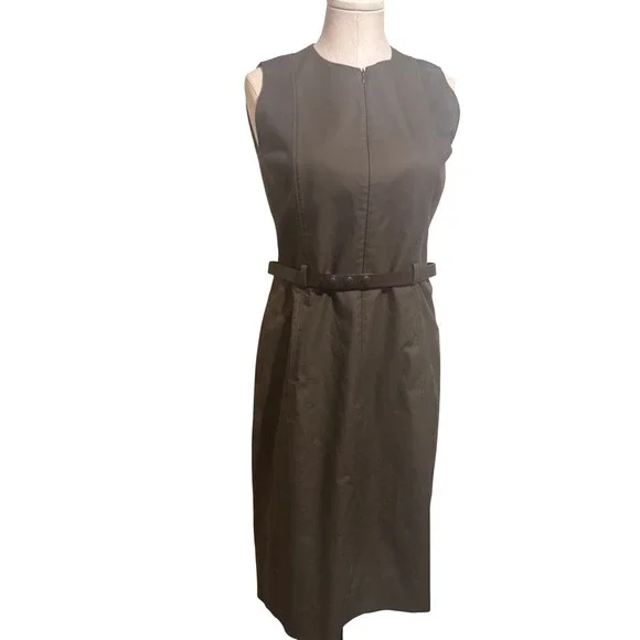 AKRIS PUNTO Sz 8 Taupe Belted Sheath Dress Cotton Blend Knee Length Quiet Luxury - Picture 2 of 10